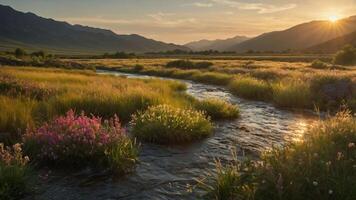 A serene landscape with a flowing stream and vibrant wildflowers under a sunset sky. photo