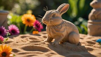 A decorative sand sculpture of a rabbit surrounded by colorful flowers in a natural setting. photo