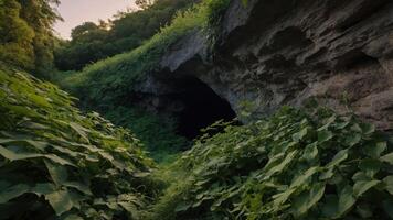 A lush, green pathway leading to a dark cave entrance surrounded by dense foliage. photo