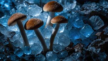 Four mushrooms emerging from blue crystals, illuminated in a mystical setting. photo
