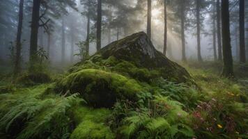 A serene forest scene featuring a moss-covered rock surrounded by lush greenery and mist. photo