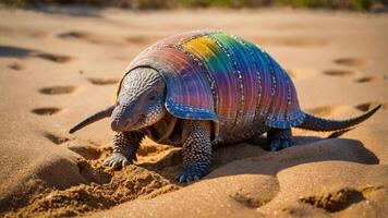 A colorful turtle with a rainbow shell on sandy terrain. photo