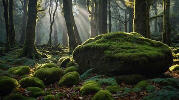 A serene forest scene with sunlight filtering through trees, highlighting moss-covered rocks. photo