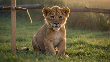 A playful lion cub sitting in a grassy field during golden hour. photo