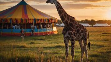 A giraffe stands near a colorful tent at sunset in an open field. photo
