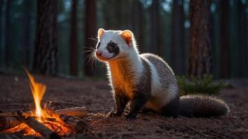 A ferret-like animal near a small campfire in a forest setting. photo