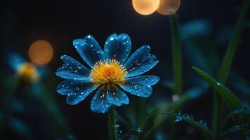 A close-up of a dew-covered flower in a dark, atmospheric setting. photo