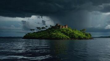 A stormy scene featuring a castle on a lush island surrounded by dark clouds and water. photo