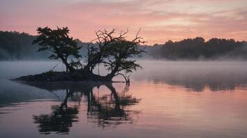 Serene lake at dawn with mist and silhouetted trees reflecting on the water. photo