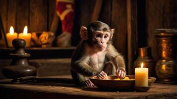 A monkey sits at a wooden table, examining food in a bowl, with candles illuminating the scene. photo