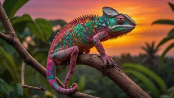 A colorful chameleon sitting on a branch at sunset photo
