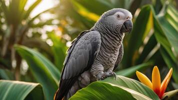 A grey parrot perched among vibrant green leaves and tropical flowers in a natural setting. photo