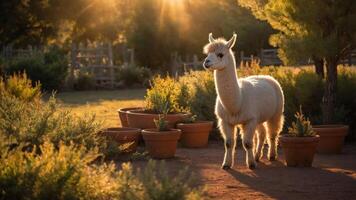 A serene llama stands amidst potted plants at sunset, creating a peaceful rural scene. photo