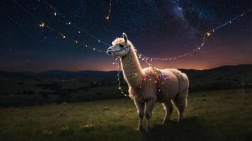 A decorated llama stands in a starry landscape, illuminated by colorful lights. photo