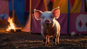 A cute piglet stands in front of a colorful circus tent, illuminated by warm light. photo