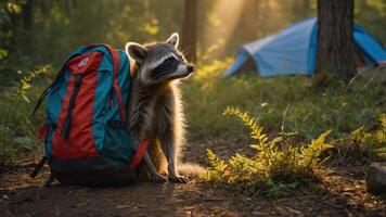A raccoon stands beside a backpack in a serene camping scene with sunlight filtering through trees. photo