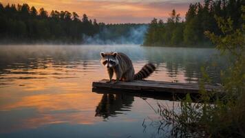 A raccoon stands on a dock by a misty lake at sunset, surrounded by lush trees. photo