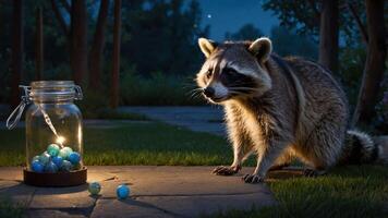 A raccoon curiously observes a jar of glowing marbles in a serene outdoor setting at night. photo