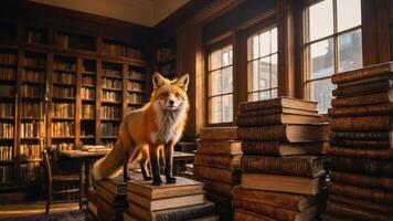 A fox stands atop a stack of books in a cozy library setting with large windows. photo