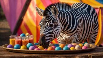A zebra curiously examines colorful balls and jars in a vibrant outdoor setting. photo