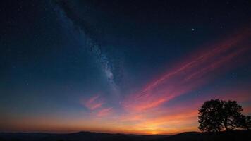 A stunning twilight landscape showcasing the Milky Way and vibrant sunset colors. photo