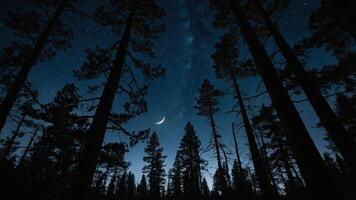 A serene night sky framed by tall trees, showcasing the Milky Way and a crescent moon. photo