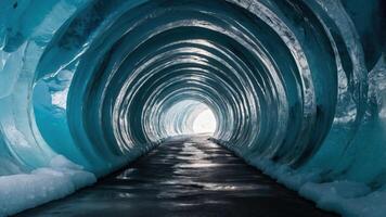 A mesmerizing ice tunnel with a smooth, glistening surface and a bright exit in the distance. photo