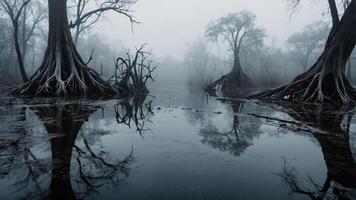 A misty swamp scene with reflective water and eerie trees. photo