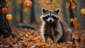 A raccoon sits among autumn leaves, with lanterns hanging in a forest setting. photo