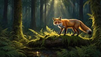 A fox standing on a mossy log in a sunlit forest, surrounded by ferns and a serene stream. photo