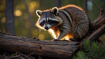 A raccoon perched on a log in a forest, illuminated by soft, natural light. photo