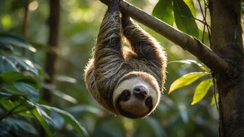 A sloth hanging upside down from a branch in a lush, green forest. photo