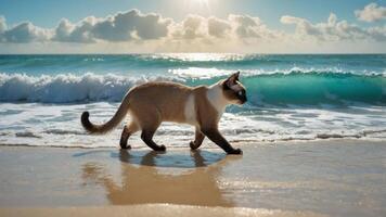 A cat walks along the beach shoreline with waves crashing in the background. photo