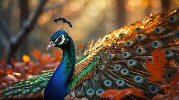 A vibrant peacock displaying its colorful feathers in a serene autumn setting. photo