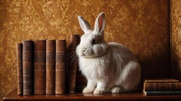 A white rabbit sits on a shelf beside old books against a patterned wall. photo