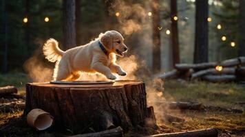 A playful golden retriever puppy leaps joyfully on a tree stump in a misty forest setting. photo