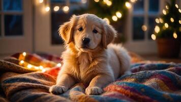 A golden retriever puppy resting on a colorful blanket with warm lights in the background. photo