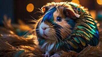 A colorful guinea pig with vibrant feathers, set against a warm, blurred background. photo