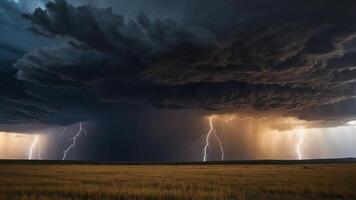 A dramatic storm scene with dark clouds, lightning, and a vast grassland. photo