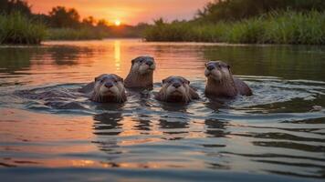 Four otters swimming together at sunset, creating a serene and playful scene. photo