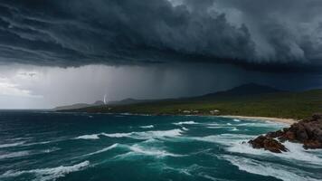 Dramatic coastal scene with storm clouds and lightning over turbulent waves. photo