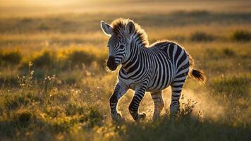 A young zebra runs through a sunlit grassy field, showcasing its distinctive stripes. photo