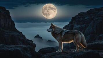 A wolf stands on rocky terrain under a full moon, surrounded by misty mountains. photo
