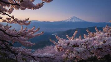 A serene view of cherry blossoms with Mount Fuji in the background at dusk. photo