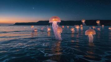 Ethereal jellyfish illuminated in twilight waters, creating a magical ocean scene. photo