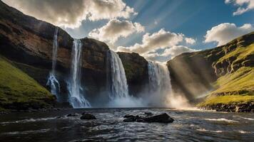 A stunning waterfall cascading into a river, illuminated by sunlight breaking through clouds. photo