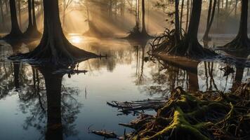 Misty forest scene with sunlight filtering through trees, reflecting in calm water. photo