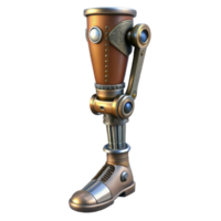 impressive dynamic coastal Steampunk prosthetic leg with articulated joints and metal plating. NO BACKGROUND with Transparent Background. fine detail png