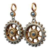enchanting celebrated Steampunk earrings with dangling gears and intricate designs. NO BACKGROUND with Transparent Background. png