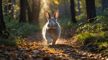 A rabbit runs along a sunlit forest path, surrounded by autumn leaves and trees. photo